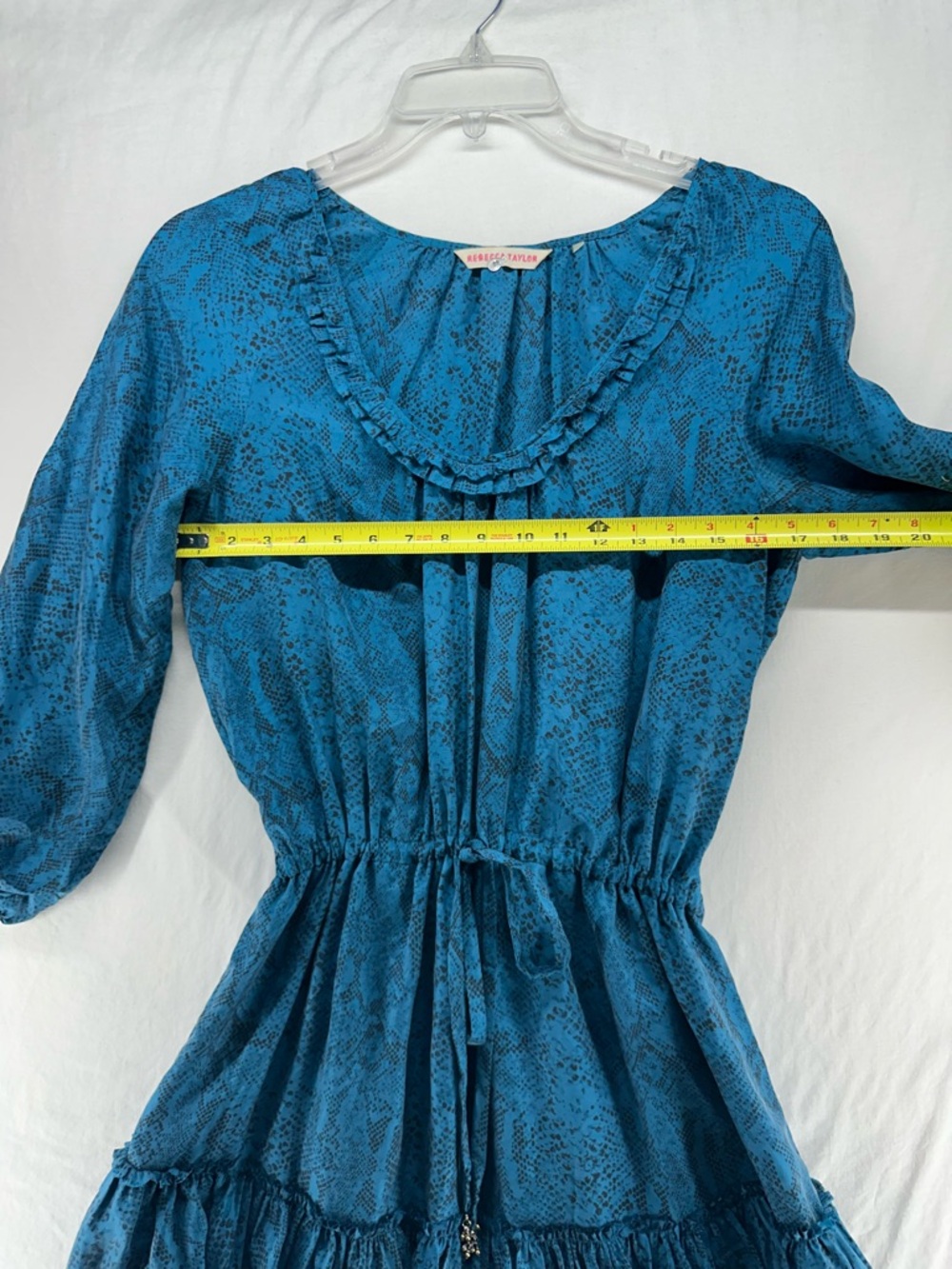 Rebecca Taylor Dress Python Print 3/4 Sleeve Silk Tie Waist Ruffle Blue Size 8 - Picture 5 of 9